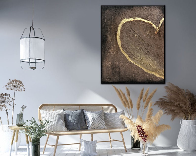 Large Abstract Heart Painting On Canvas Brown Wall Art Hand Painted Art Impasto Painting Romantic Gift For Couple Artwork Home Decor Art