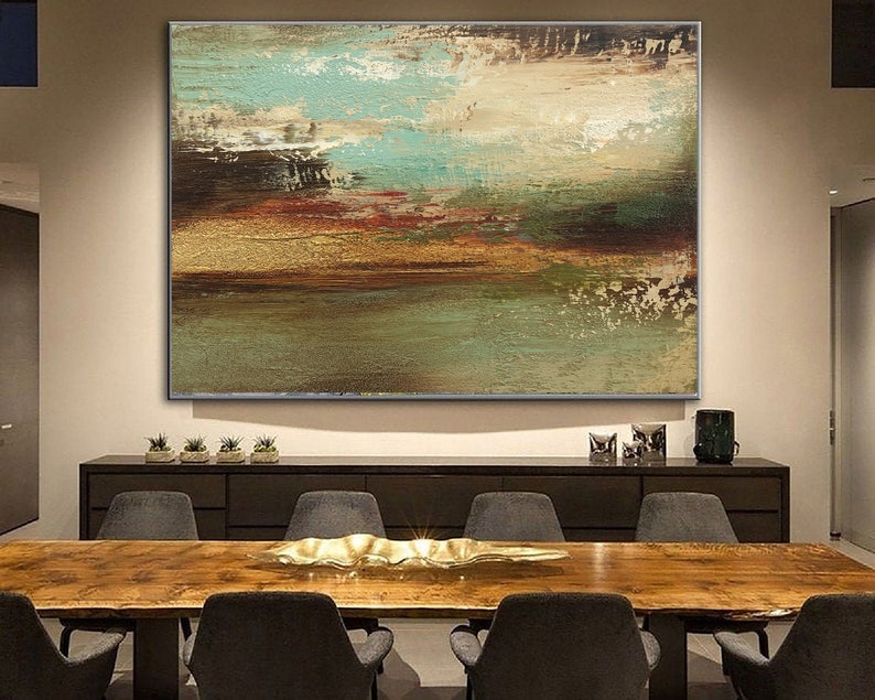 Large Abstract Green Paintings On Canvas Heavy Textured Art Beige and Gold Artwork Modern Fine Art Minimalist Painting for Living Room Decor