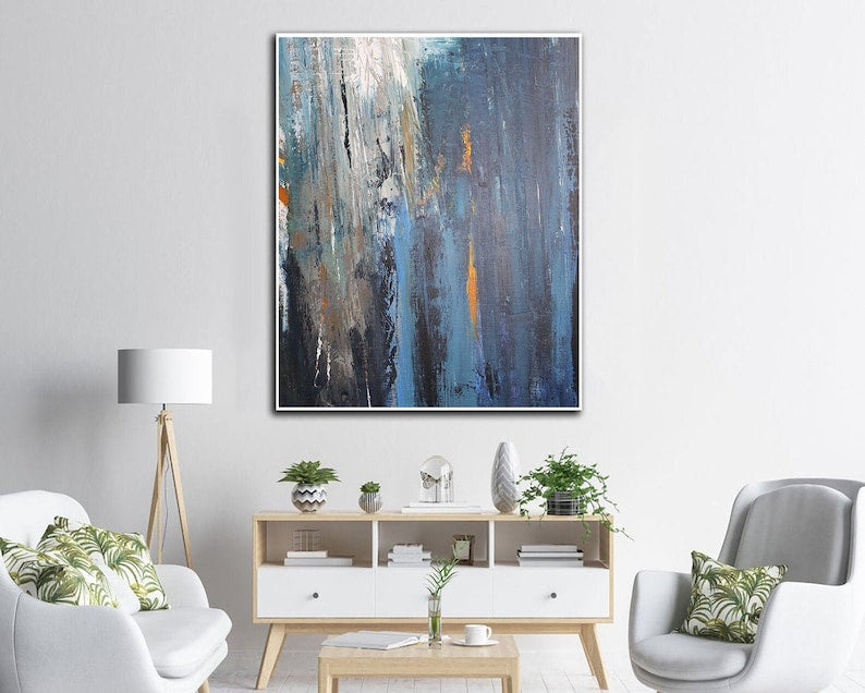 Original Abstract Blue Paintings on Canvas Neutral Oil Artwork, Contemporary Minimalist Painting, Textured Hand Painted Artwork for Home