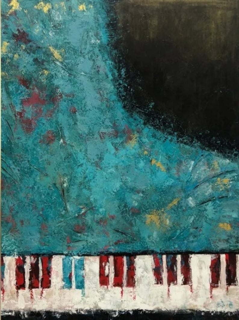 Abstract Piano Painting - Modern Music-Inspired Wall Art with Turquoise and Red Accents - Unique Contemporary Artwork for Living Room