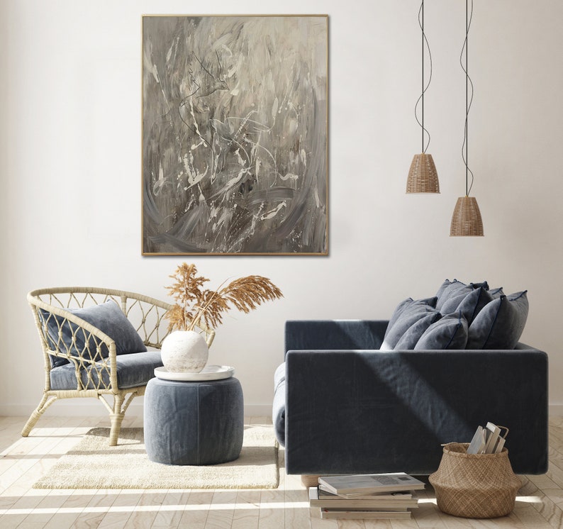 Large Minimalist Abstract Painting, Abstract Canvas Wall Art, Large Acrylic Painting, Gray Abstract Texture, Office Art