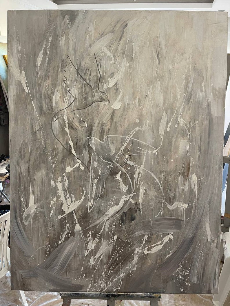 Large Minimalist Abstract Painting, Abstract Canvas Wall Art, Large Acrylic Painting, Gray Abstract Texture, Office Art