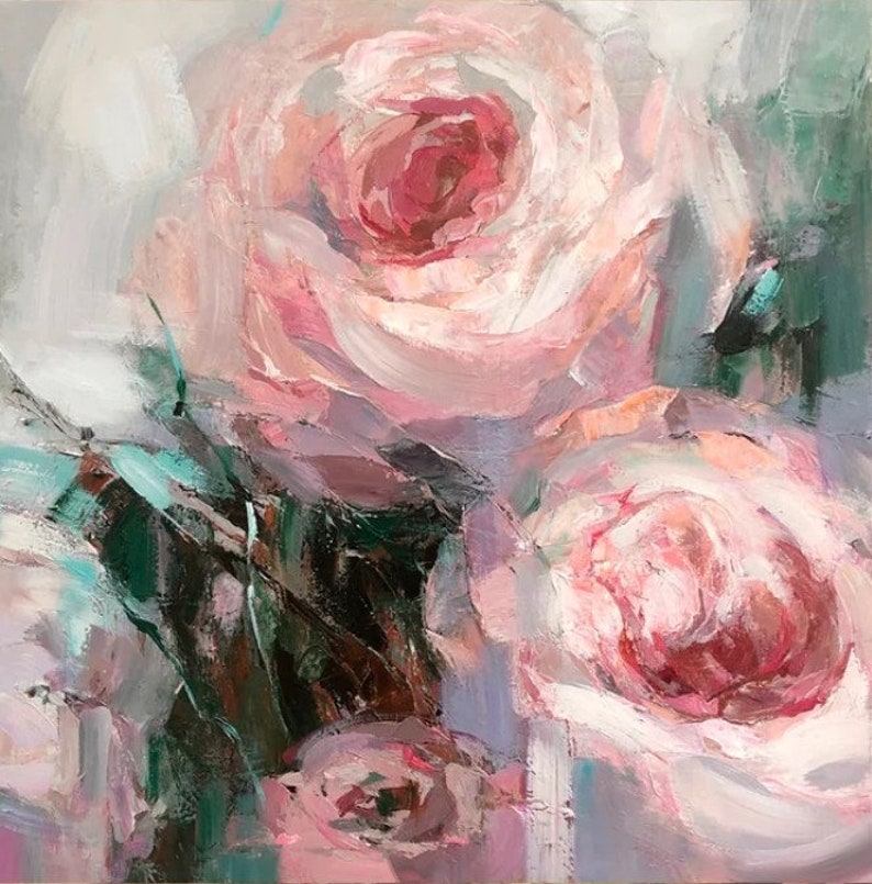 Rosermaleri på lærred, moderne blomstermaleri, blomstermaleri, blomstervægkunst, stort rosemaleri, impressionistisk maleri