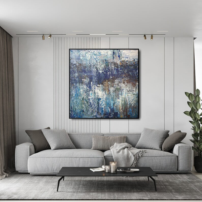 Large Abstract Wall Art Gold Original Abstract Painting, Acrylic On Canvas, Blue Color, Original Modern Huge Acrylic Painting, Interior Art