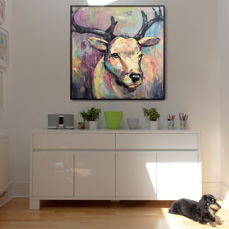 Deer Wall Art Deer, Large Animals Paintings, Deer Abstract Painting, Extra Large Painting, Living Room Wall Art, Abstract Painting On Canvas
