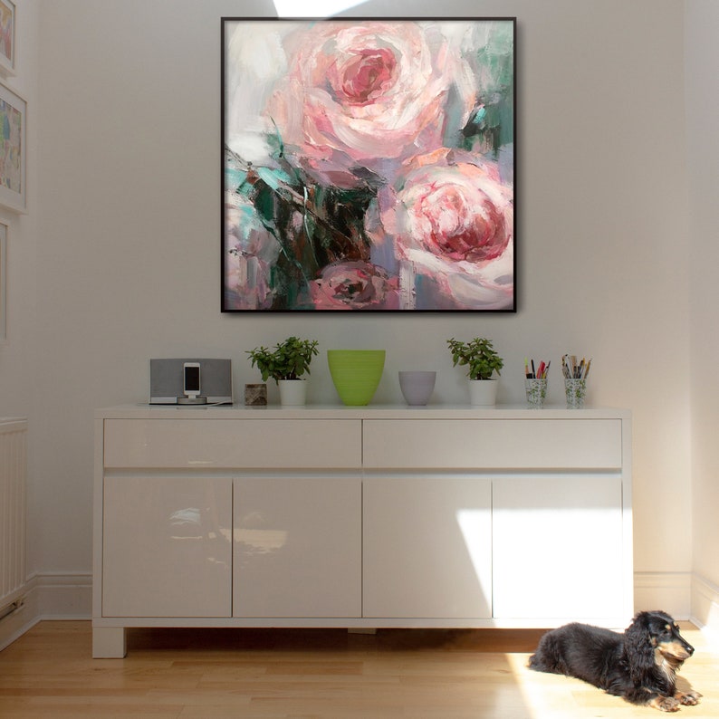 Romantic Abstract Floral Painting - Soft Pink Rose Canvas Art for Shabby Chic Home Decor - Large Flower Wall Art for Bedroom or Living Room