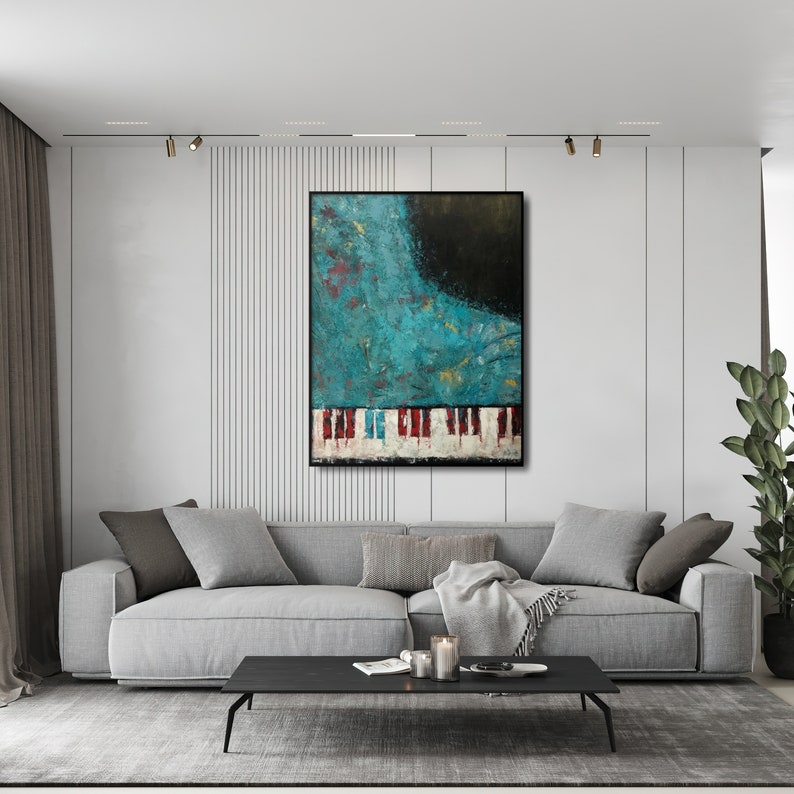 Abstract Piano Painting - Modern Music-Inspired Wall Art with Turquoise and Red Accents - Unique Contemporary Artwork for Living Room