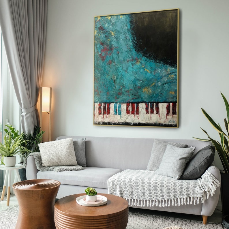 Abstract Piano Painting - Modern Music-Inspired Wall Art with Turquoise and Red Accents - Unique Contemporary Artwork for Living Room