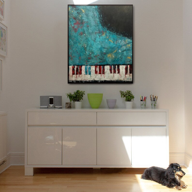 Abstract Piano Painting - Modern Music-Inspired Wall Art with Turquoise and Red Accents - Unique Contemporary Artwork for Living Room