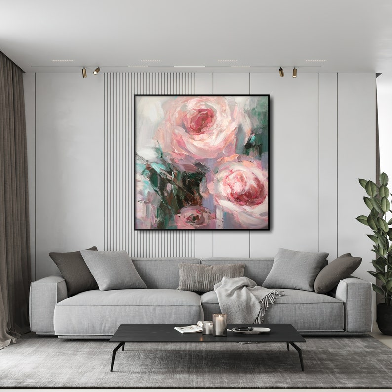 Rosermaleri på lærred, moderne blomstermaleri, blomstermaleri, blomstervægkunst, stort rosemaleri, impressionistisk maleri