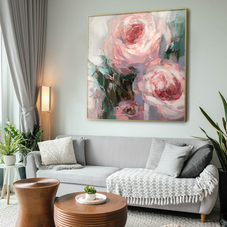 Romantic Abstract Floral Painting - Soft Pink Rose Canvas Art for Shabby Chic Home Decor - Large Flower Wall Art for Bedroom or Living Room