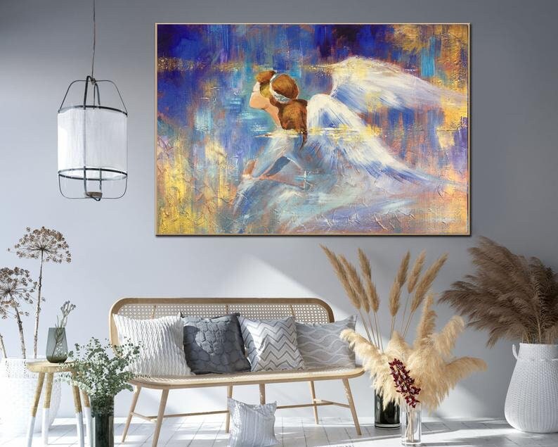 Abstract Impressionism Paintings On Canvas In Blue And Gold Colors Angel Painting Abstract Fine Art Textured Handmade Art for Living Room