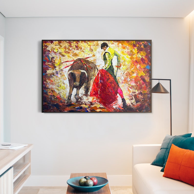 Spanish Matador Bullfighter Acrylic Painting, Corrida Original Oil Painting, Matador Painting, Bullfight Torero, Matador and Bull
