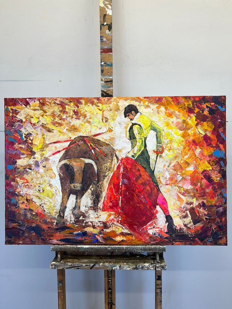 Spanish Matador Bullfighter Acrylic Painting, Corrida Original Oil Painting, Matador Painting, Bullfight Torero, Matador and Bull