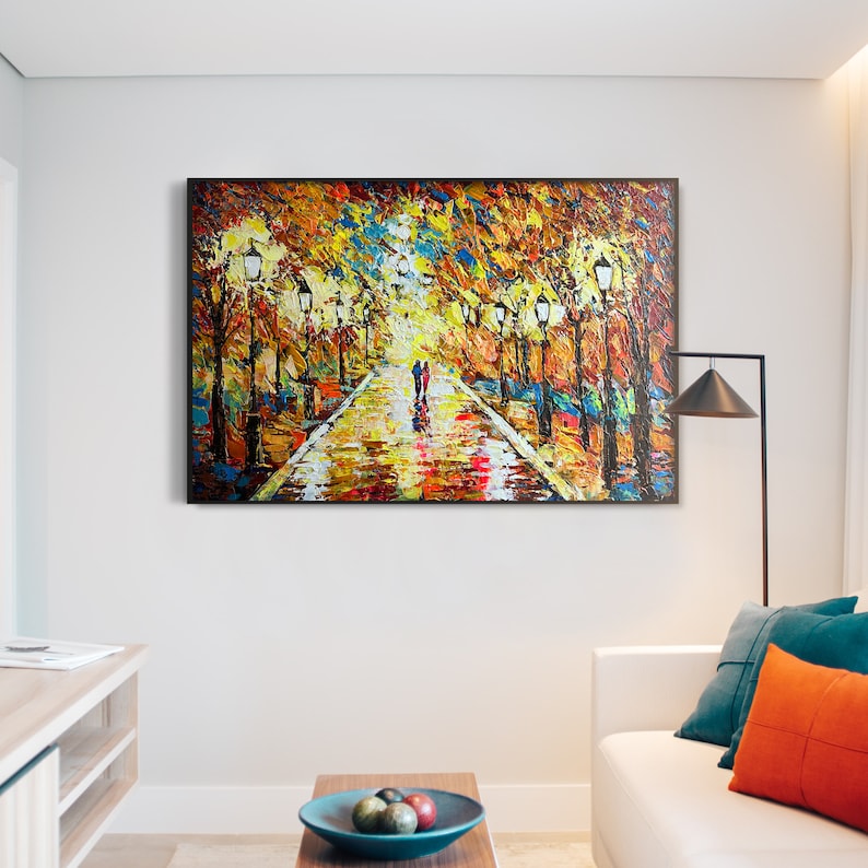 Herbstpark Landschaftsmalerei, Naturmalerei, handgemaltes goldenes Herbstwaldgemälde, Herbstlandschaft Leinwandkunst