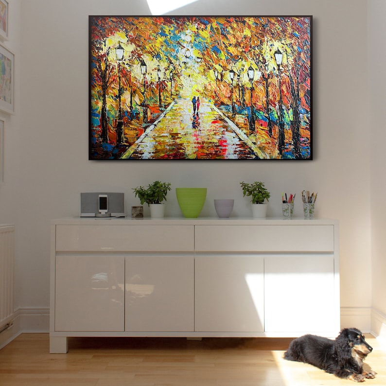 Herbstpark Landschaftsmalerei, Naturmalerei, handgemaltes goldenes Herbstwaldgemälde, Herbstlandschaft Leinwandkunst