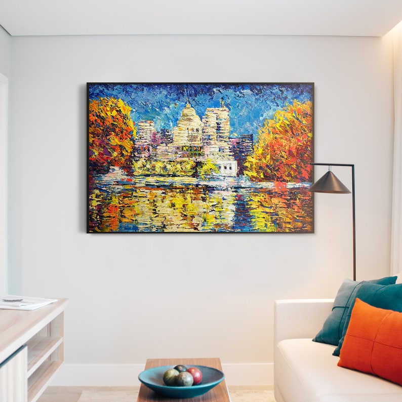 Abstract Colorful Lake Landscape Oil Painting on Canvas, Large Original Modern Orange Textured Acrylic Painting, House Near the Lake