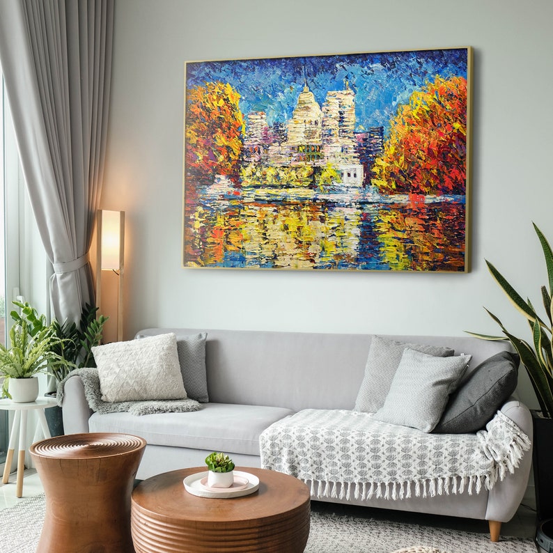 Abstract Colorful Lake Landscape Oil Painting on Canvas, Large Original Modern Orange Textured Acrylic Painting, House Near the Lake