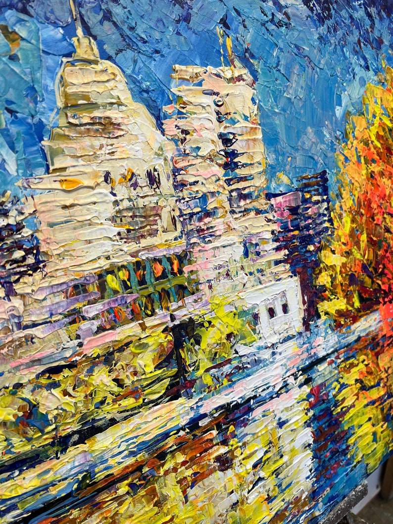 Abstract Colorful Lake Landscape Oil Painting on Canvas, Large Original Modern Orange Textured Acrylic Painting, House Near the Lake