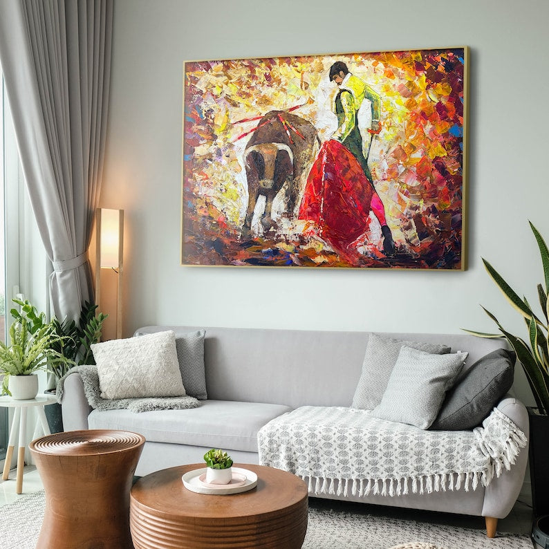 Spanish Matador Bullfighter Acrylic Painting, Corrida Original Oil Painting, Matador Painting, Bullfight Torero, Matador and Bull