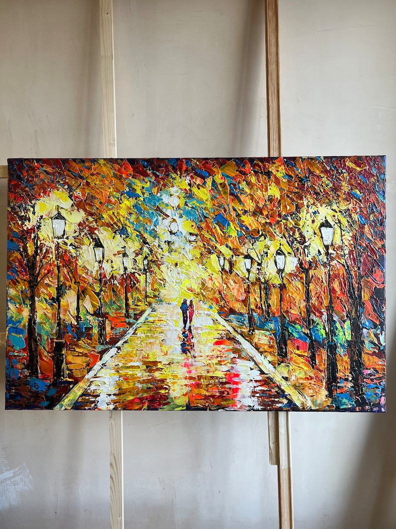 Herbstpark Landschaftsmalerei, Naturmalerei, handgemaltes goldenes Herbstwaldgemälde, Herbstlandschaft Leinwandkunst