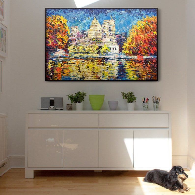 Abstract Colorful Lake Landscape Oil Painting on Canvas, Large Original Modern Orange Textured Acrylic Painting, House Near the Lake