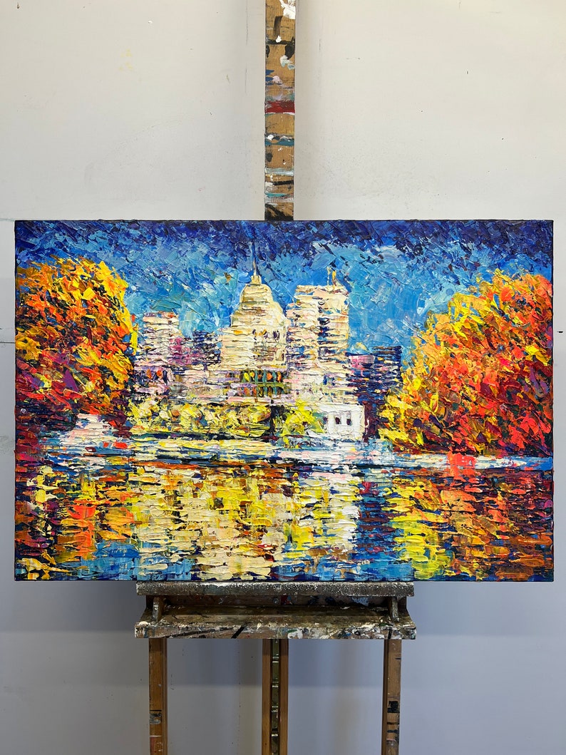 Abstract Colorful Lake Landscape Oil Painting on Canvas, Large Original Modern Orange Textured Acrylic Painting, House Near the Lake