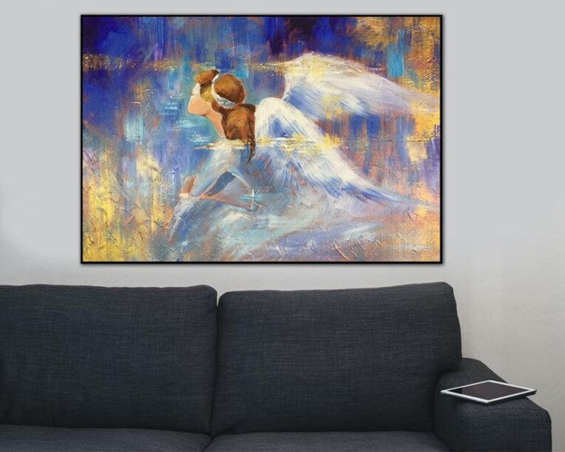 Abstract Impressionism Paintings On Canvas In Blue And Gold Colors Angel Painting Abstract Fine Art Textured Handmade Art for Living Room