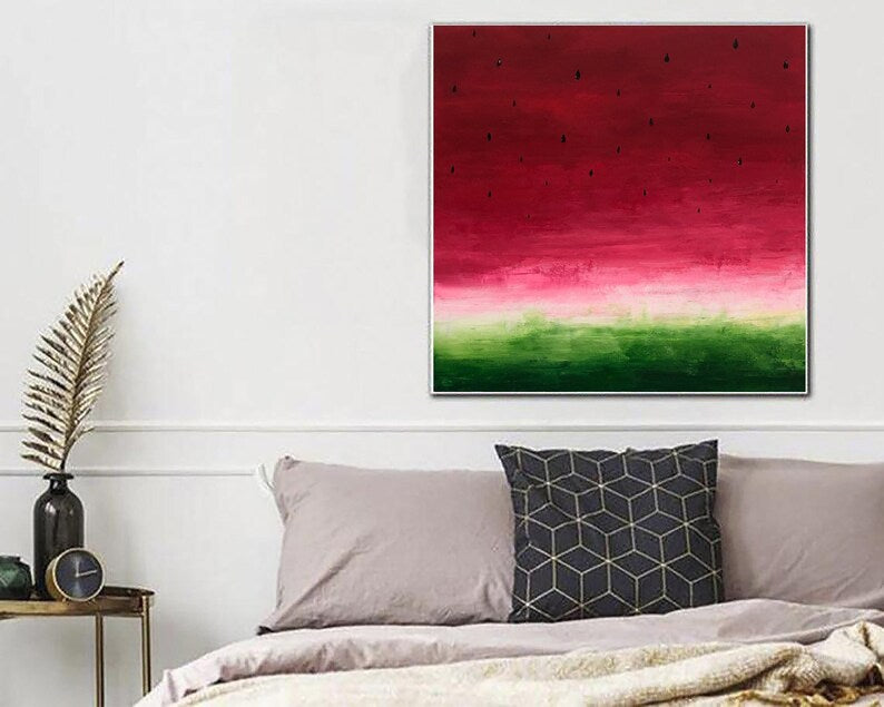 Vandmelon, Originalmaleri, Abstrakt maleri, Ekspressionistisk maleri, Vandmelonmaleri, Stilleben, Farverig, Vandmelon rødgrøn