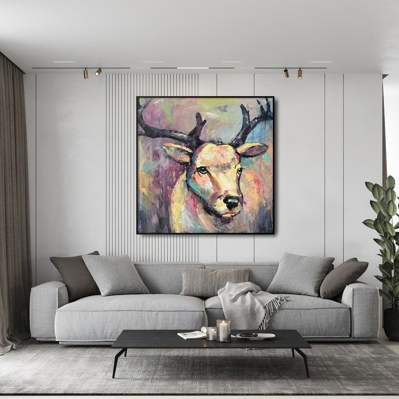 Deer Wall Art Deer, Large Animals Paintings, Deer Abstract Painting, Extra Large Painting, Living Room Wall Art, Abstract Painting On Canvas