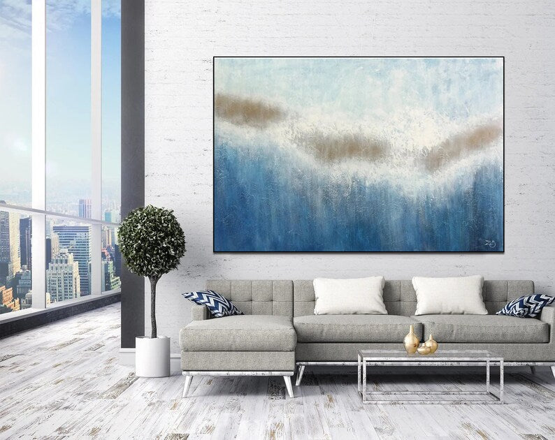 Canvas Painting In The Living Room, Blue Abstract Painting On Canvas, White Abstract Art, Large Abstract Painting, Contemporary Art Abstract