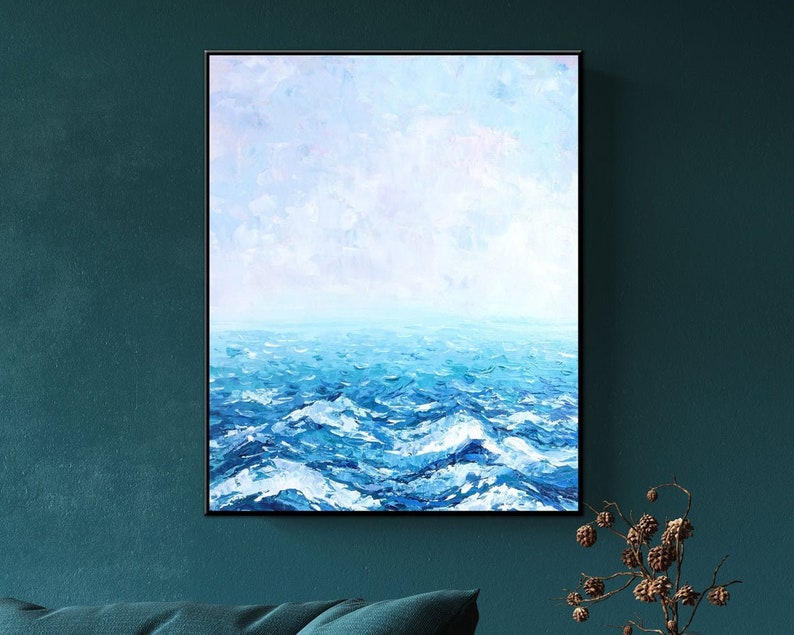 Serene Ocean Abstract Painting - Blue Textured Canvas Art, Handmade Coastal Wall Decor, Modern Sea-Inspired Artwork for Home or Office