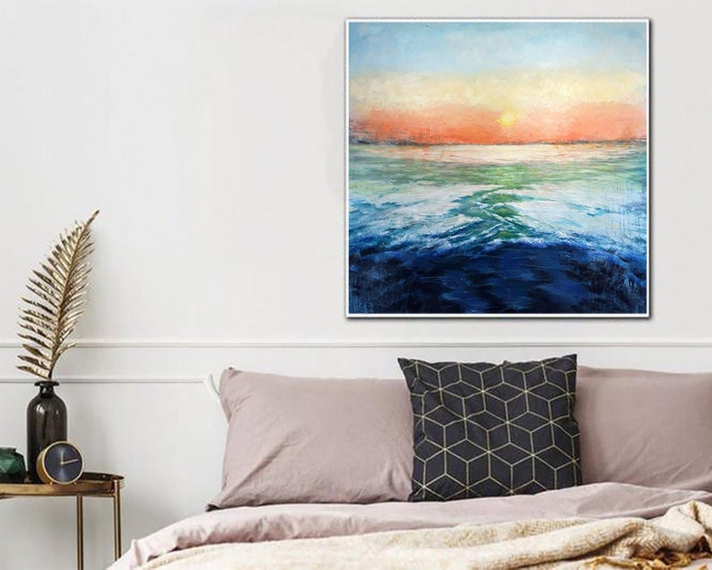 Abstract Sunset Over The Ocean Paintings On Canvas, Original Seascape Painting, Textured Boho Style Art, Handmade Painting for Home Decor