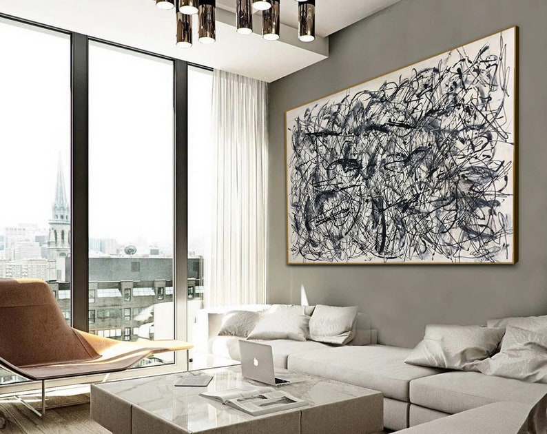 Sølv abstrakt maleri, gråt og hvidt lærred i stuen, ekstra stort lærred, sølv- og grå flydende abstrakt lærredsvægkunst