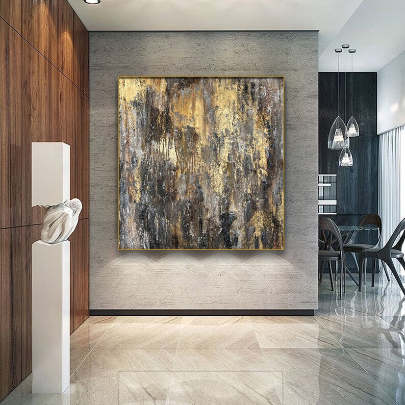 Original Abstract Gold Paintings On Canvas Acrylic Gold Leaf Art Contemporary Rich Textured Painting Hand Painted Artworl Wall Decor