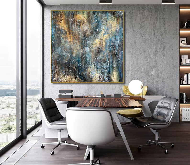 Abstrakt tekstureret vægkunstmaleri blå og gyldne nuancer på lærred trendy vægkunst stort oliemaleri originalt maleri kontorvægdekoration