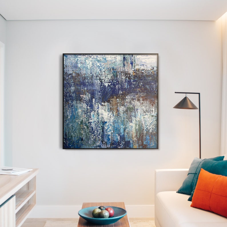Large Abstract Wall Art Gold Original Abstract Painting, Acrylic On Canvas, Blue Color, Original Modern Huge Acrylic Painting, Interior Art