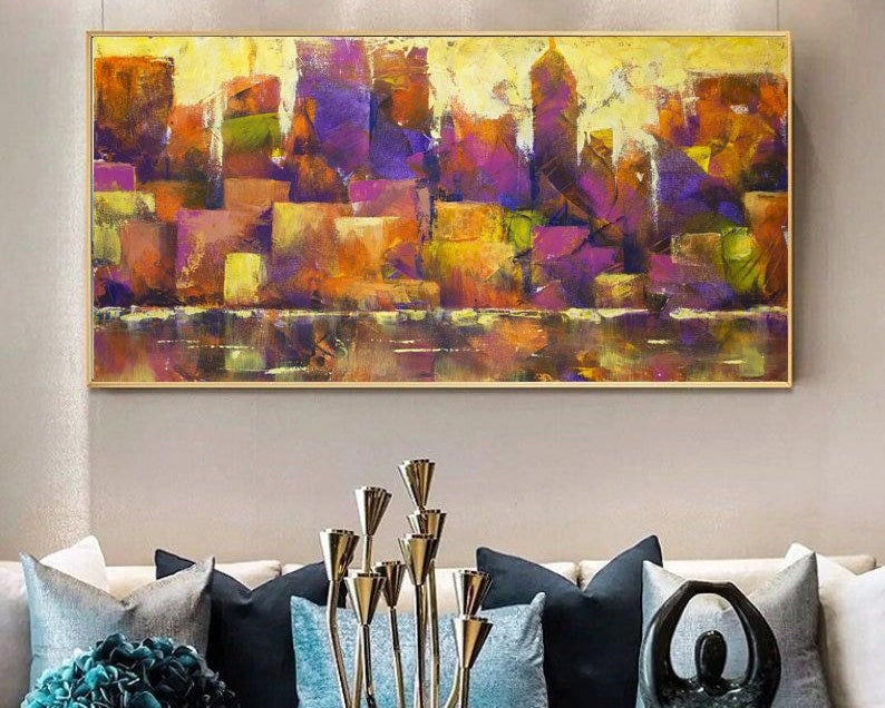 Cityscape Abstract Painting Purple Painting Orange Painting Urban Wall Art Textured Wall Art Oversized Wall Art Housewarming Gift City Art
