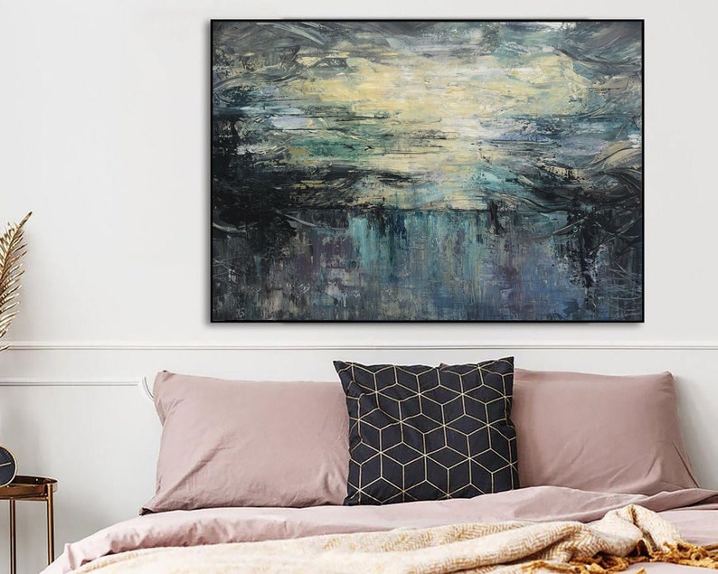 Large Original Abstract Seascape Paintings On Canvas In Navy Colors Abstract Impressionist Painting Modern Acrylic Paining for Living Room