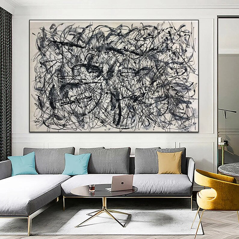 Sølv abstrakt maleri, gråt og hvidt lærred i stuen, ekstra stort lærred, sølv- og grå flydende abstrakt lærredsvægkunst