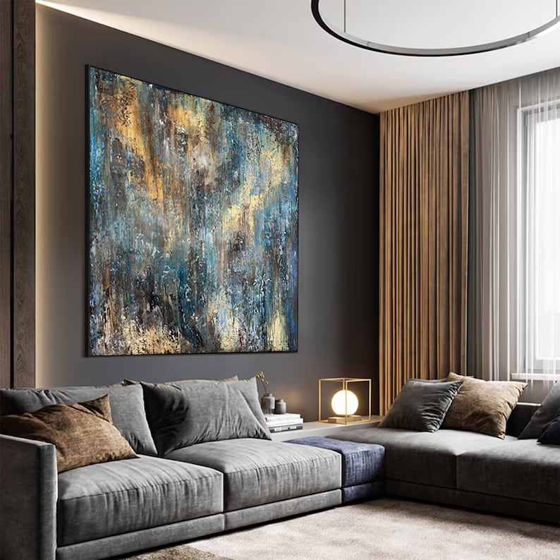 Abstrakt tekstureret vægkunstmaleri blå og gyldne nuancer på lærred trendy vægkunst stort oliemaleri originalt maleri kontorvægdekoration