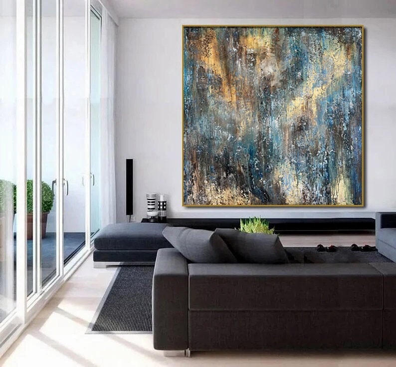 Abstract Textured Wall Art Painting Blue and Golden Hues on Canvas Trendy Wall Art Large Oil Painting Original Painting Office Wall Decor