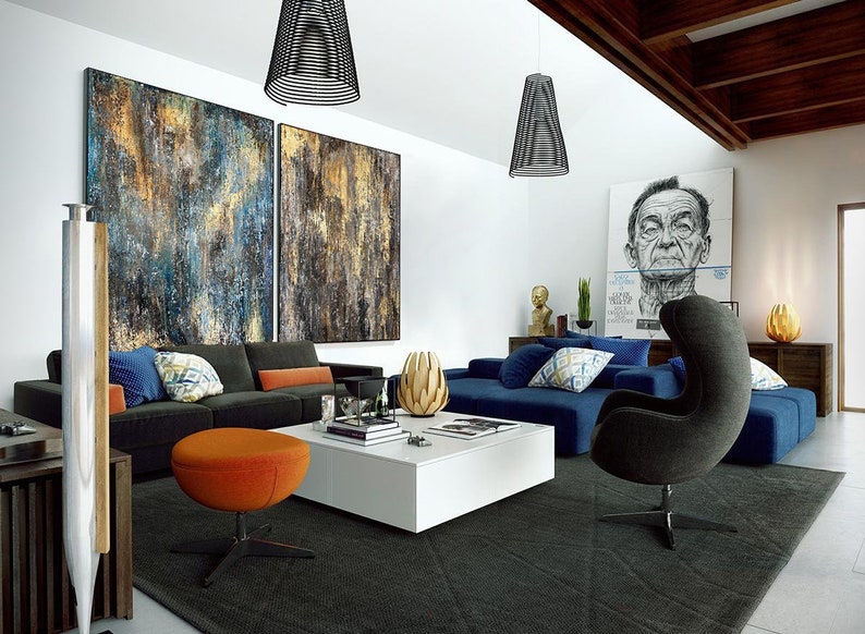 Overdimensioneret abstrakt guldfarvet sæt af malerier på lærred moderne akryl vægkunst kraftig tekstureret maleri til stueindretning