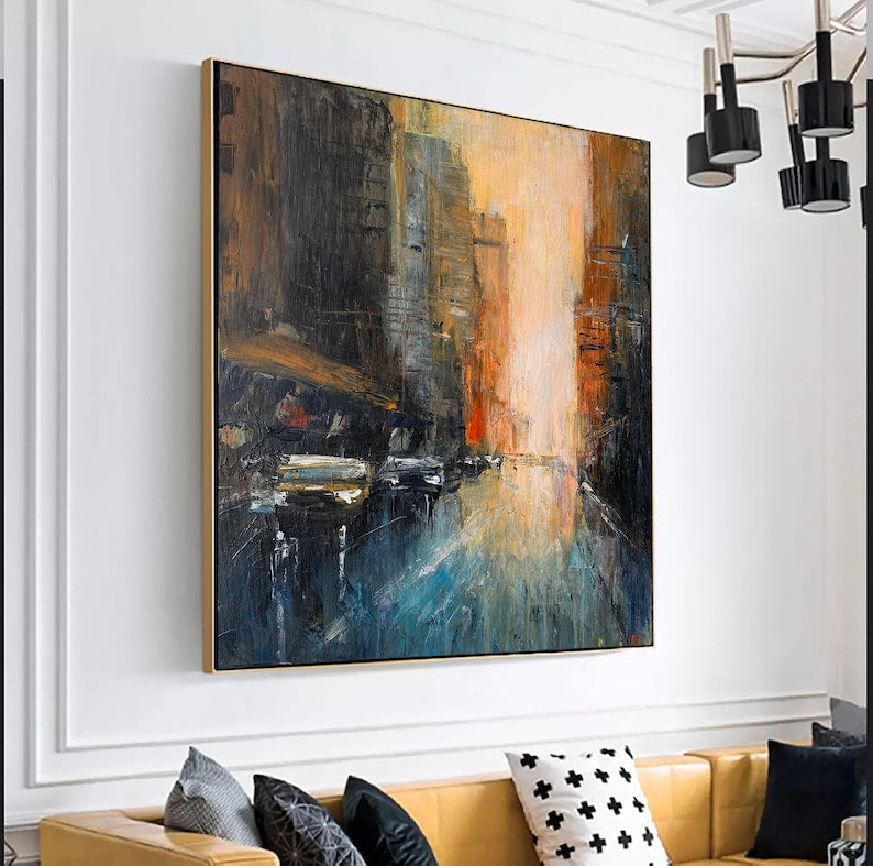 Abstract Cityscape Painting Large Modern Canvas Wall Art Urban Home Decor Textured Wall Art Living Room Wall Art Hand Painted Art