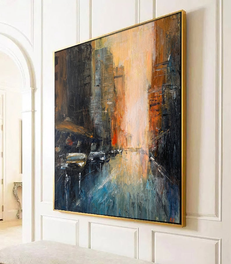 Abstract Cityscape Painting Large Modern Canvas Wall Art Urban Home Decor Textured Wall Art Living Room Wall Art Hand Painted Art