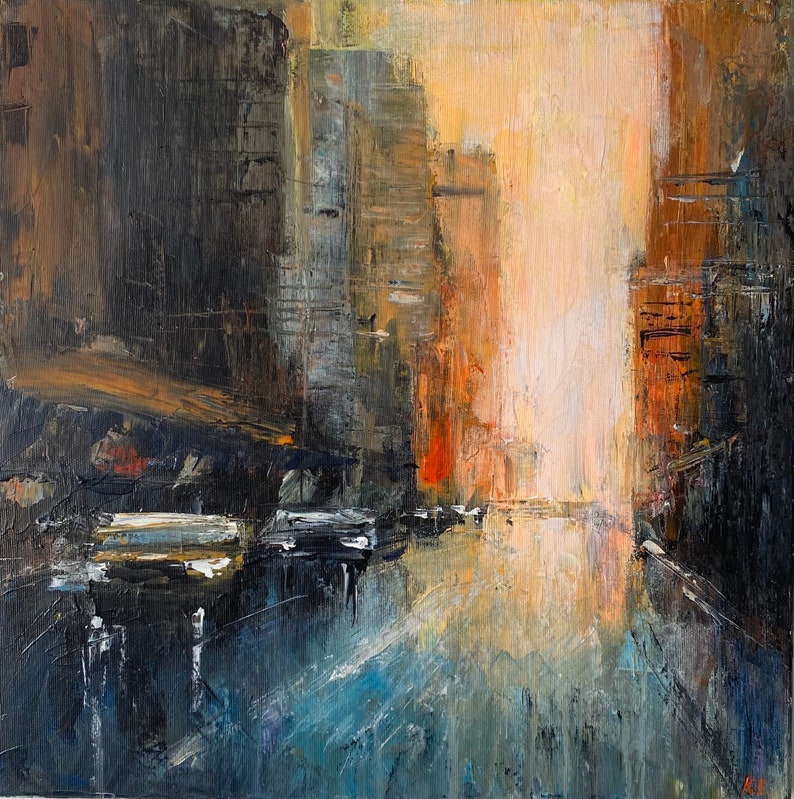 Original Abstract Brooklyn Cityscape Paintings On Canvas Long Island Wall Art Textured City Oil Painting Modern Streets Artwork Wall Decor