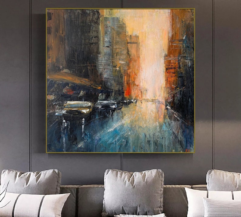 Abstract Cityscape Painting Large Modern Canvas Wall Art Urban Home Decor Textured Wall Art Living Room Wall Art Hand Painted Art