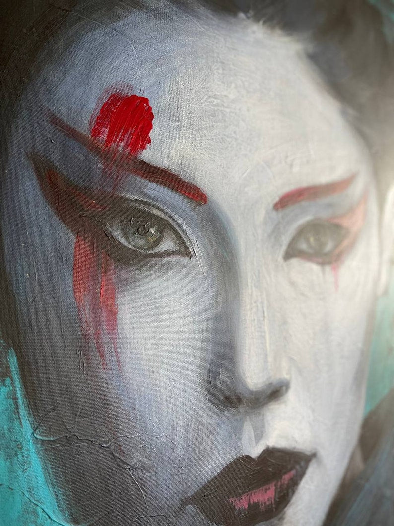 Geisha-inspireret abstrakt portræt - Fed asiatisk kunst med turkise og røde accenter - Moderne vægkunst til moderne boligindretning