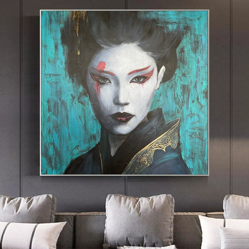 Geisha-inspireret abstrakt portræt - Fed asiatisk kunst med turkise og røde accenter - Moderne vægkunst til moderne boligindretning