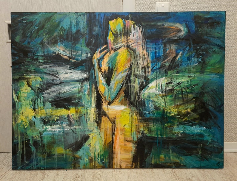 Abstraktes weibliches Ölgemälde Bunte nackte Frau Wandkunst Strukturiertes Kunstwerk für Schlafzimmer Dekor WALDNYMPHE